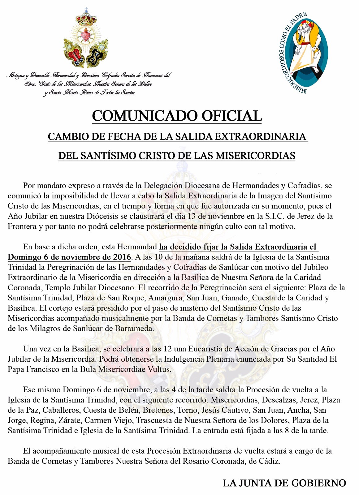 Cambio de fecha Salida Extraordinaria Misericordias